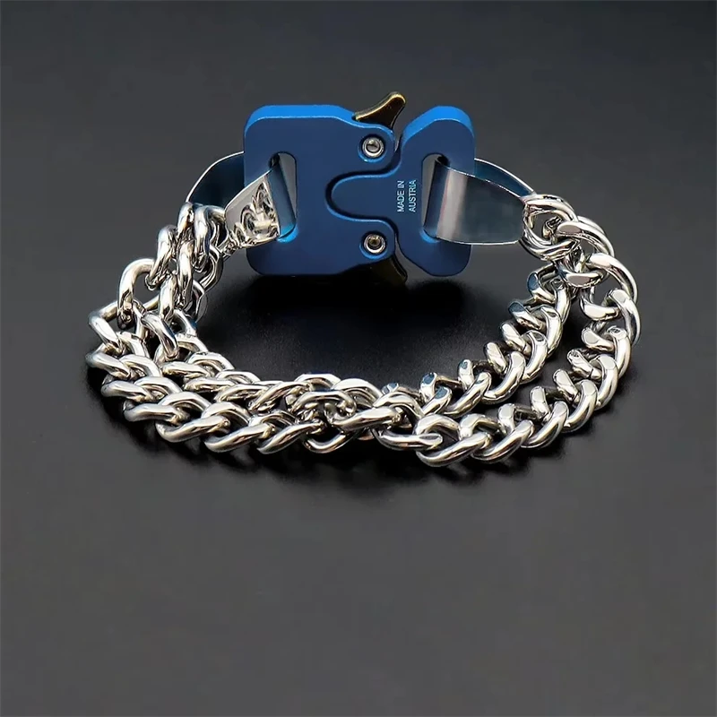 

Новинка 1017, голубые браслеты ALYX 9SM с двойной цепочкой для мужчин и женщин, лучшая версия, металлическая цепочка с пряжкой ALYX
