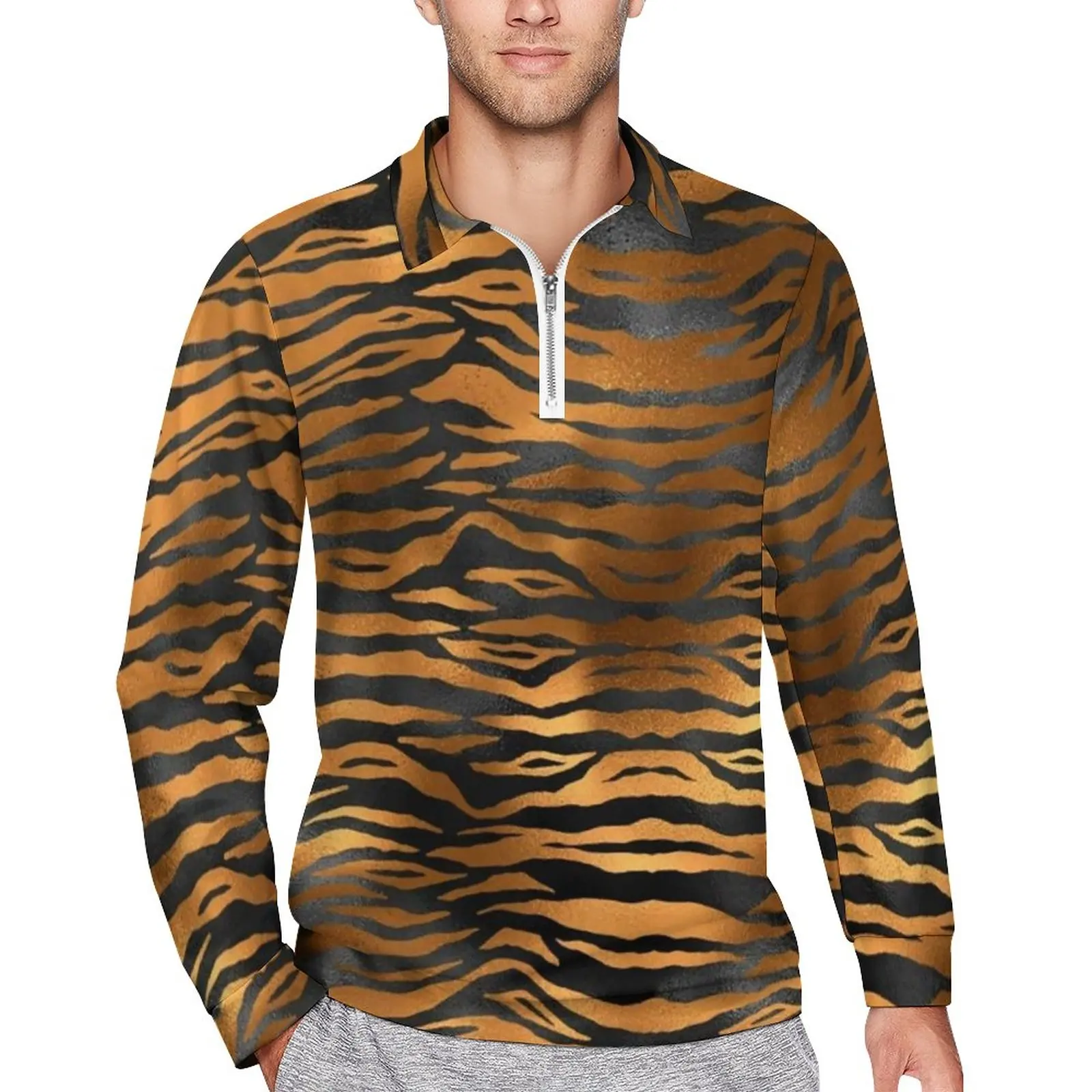 

Tiger Print Stripes Polo Shirt Glam Black And Gold Casual Shirt Spring Streetwear T-Shirts Long Sleeve Pattern Oversize Tops