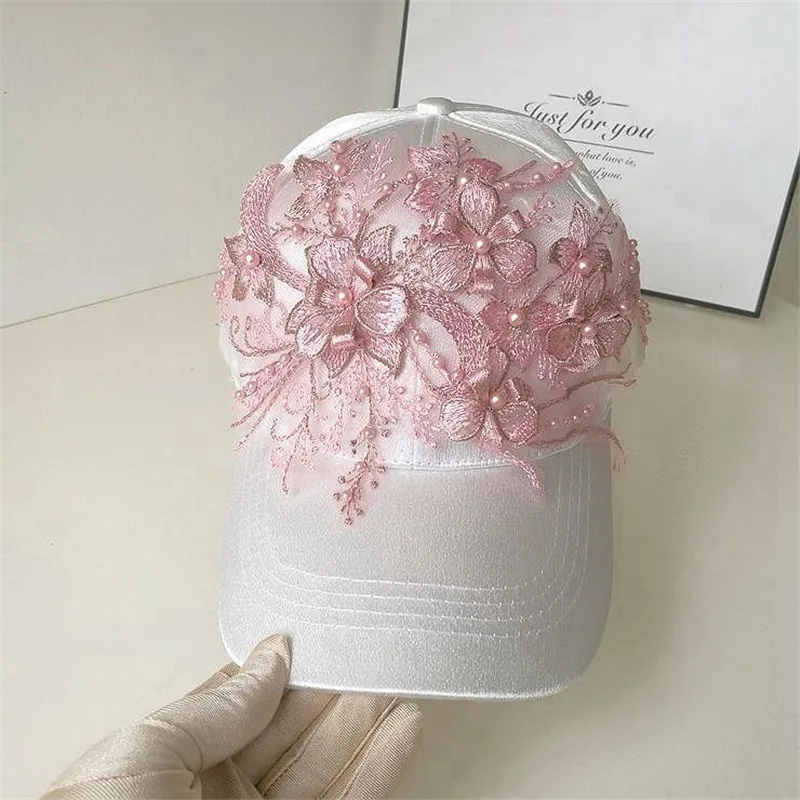 

202204-shi new dropshipping designer satin gloss Lace Flowers street lady baseball hat women leisure visors cap