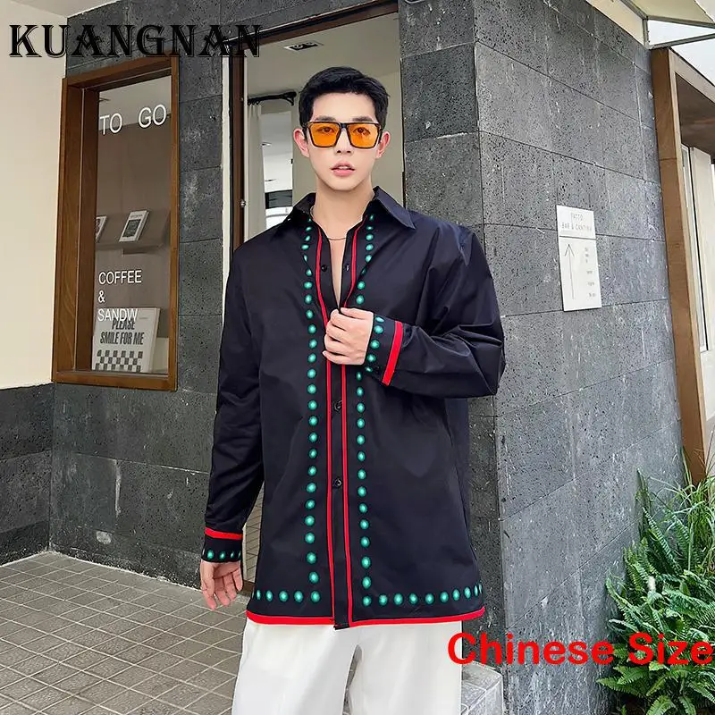 

KUANGNAN Printed Long Sleeve Top Vintage Clothes Men Shirt Korean Style Clothing Men's Shirts and Blouses Tops 2XL 2023 Spring