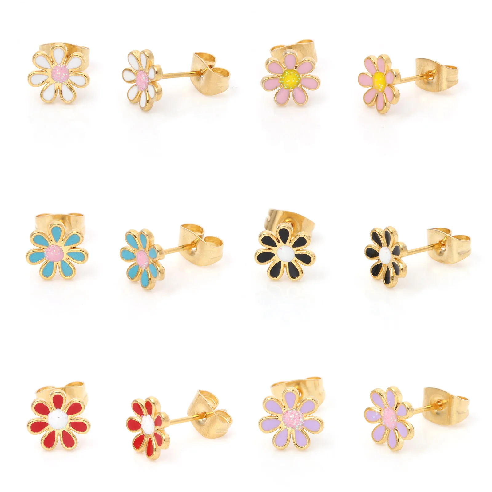 

Fashion 316 Stainless Steel Ear Post Stud Earrings Multicolor Flower Enamel 6mm Dia. Earrings For Women Wedding Party Jewelry
