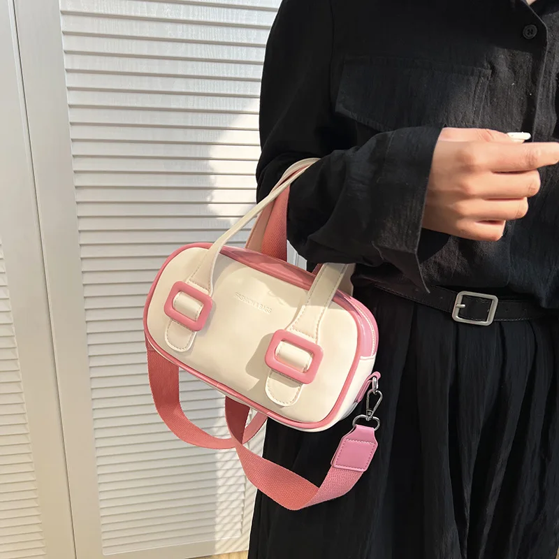 Cute Sweet Pinkycolor Shoulder Crossbody Bag Leather Textured Contrast Handbags Women's Fashion Portable Small Square Satchel