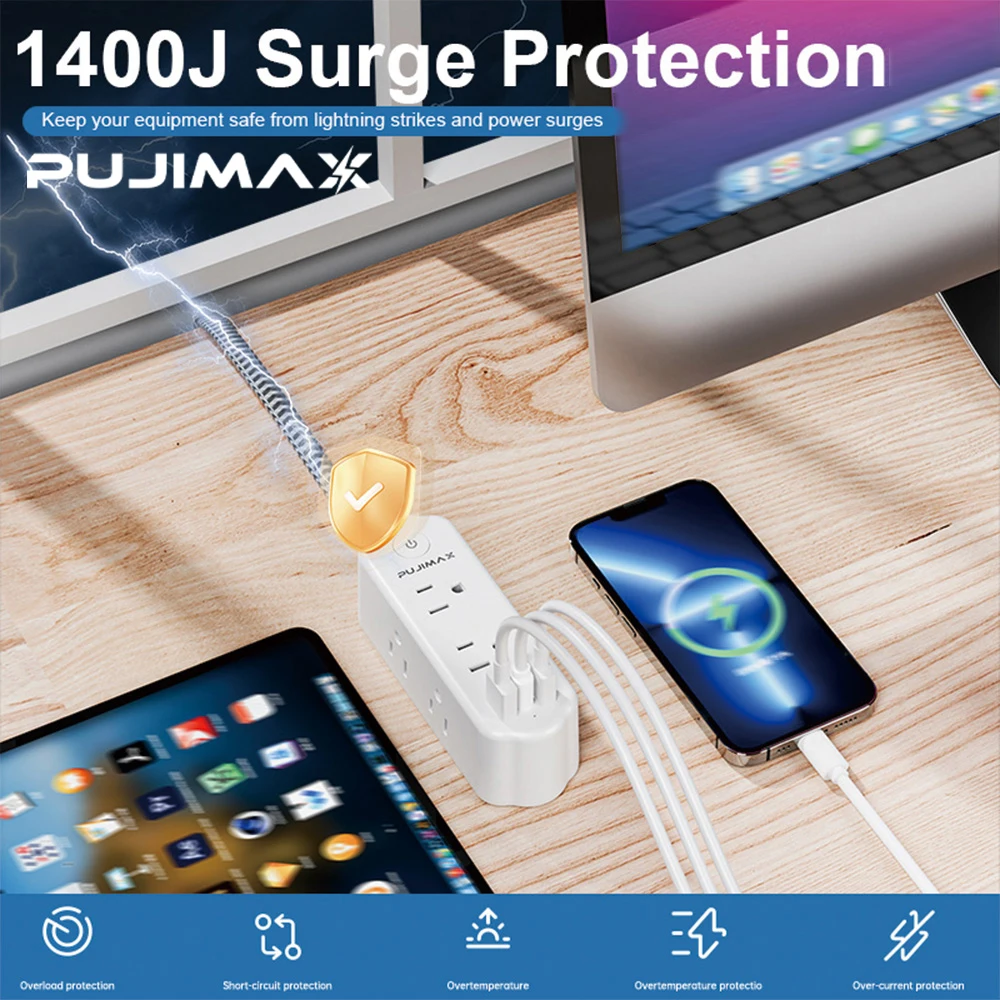 Фото Удлинитель PUJIMAX с 6 розетками US, 2 USB и 1 портом Type-C, кабель 1.5 м, защита от перенапряжения и перегрузки, 6 универсальных электрических розеток №4