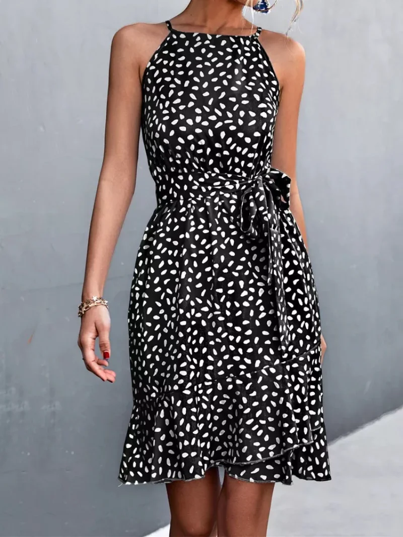 

Women Summer Beach Chiffon Dress Casual Sleeveless Polka Dot Dress Boho Mini Party Dress Elegant Y2k Ruffled Lace-up Dress