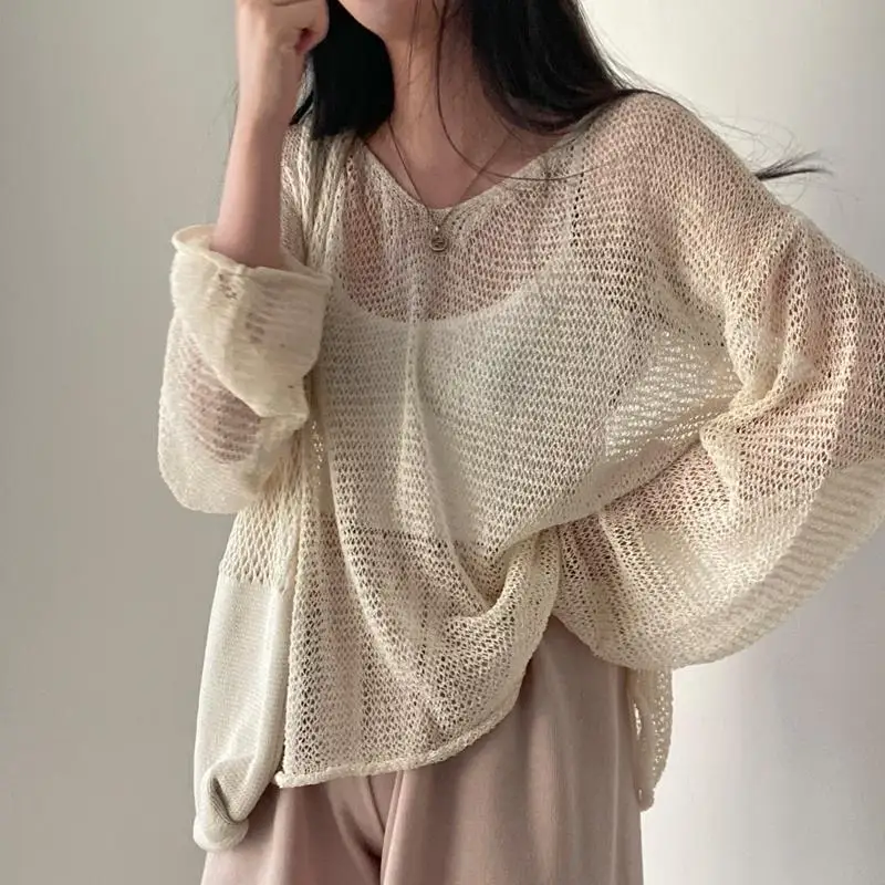 Thin Mesh Sweater Pullover Women's Jumper Korean Fashion Knitted Tops Summer Hollow Out Sexy Casual Streetwear Chic Style Pull