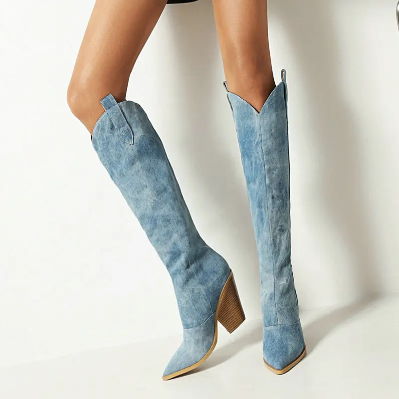 Fashion Denim Western Women Knee Thigh High Boots High Heels Autumn Winter Cowboy Long Boots Slip on Woman Shoes Big Size 43