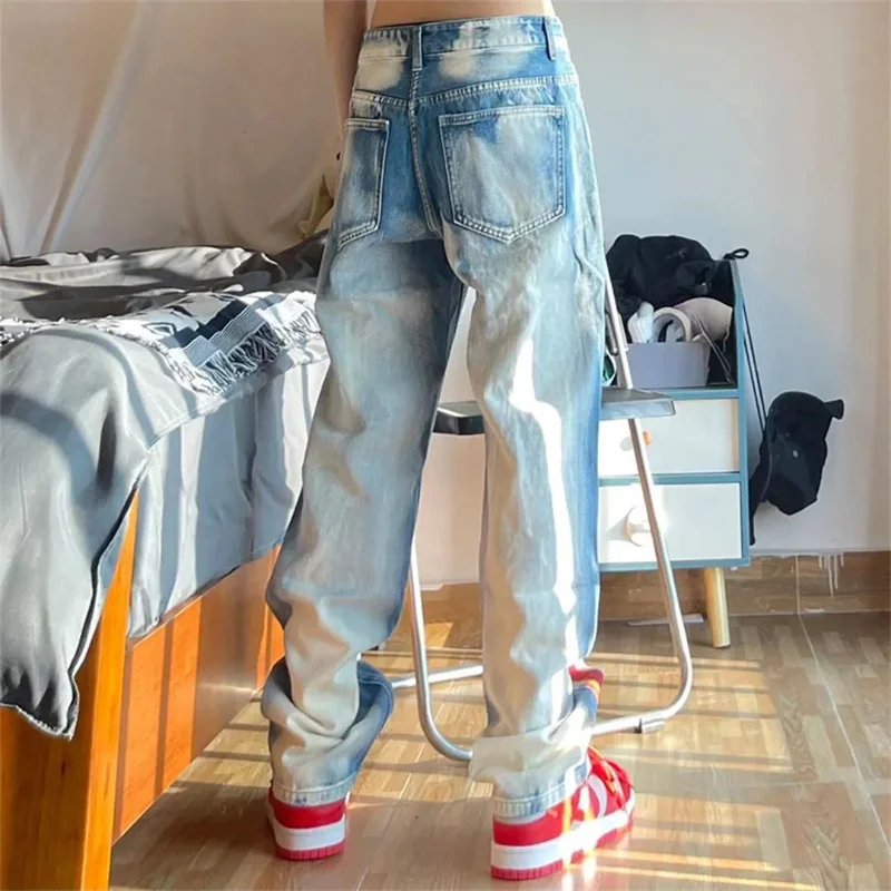 Cyber Y2k Men Hip Hop Streetwear Flame Hole Washed Baggy Jeans Low Rise 2000s Ripped Alt Denim Trousers Fairy Grunge Clothes