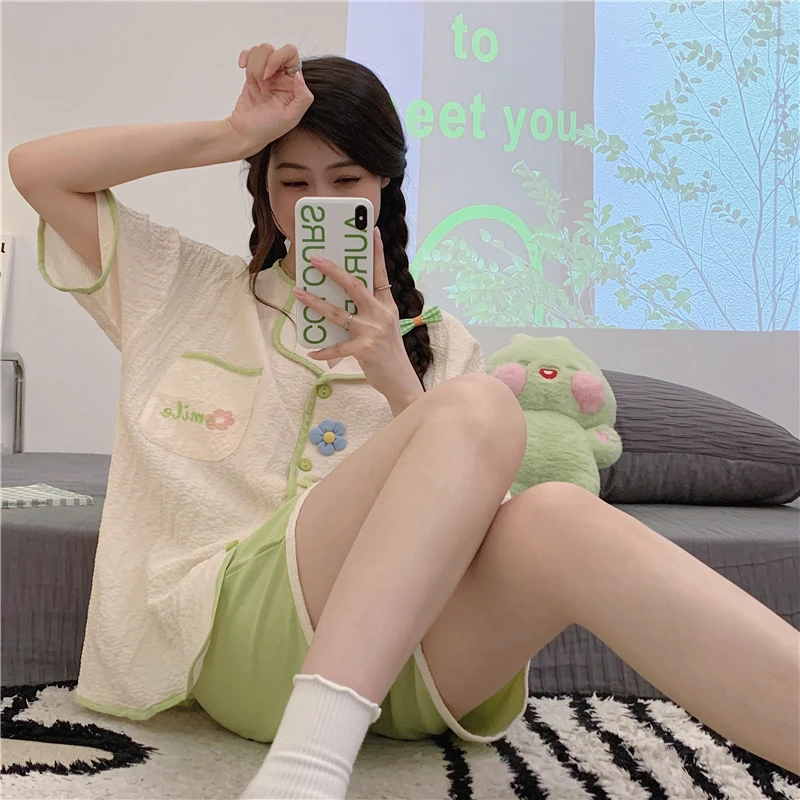 Summer Sweet Sleepwear Girl Pajamas Set Flower Women Pijamas Cotton Lapel Loungewear Lady's Pajama Clothes