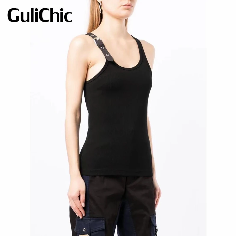 

6.14 GuliChic Women Sleeveless One Shoulder Buckle Strap Design Solid Color Ribbed Knit Slim Tank Top