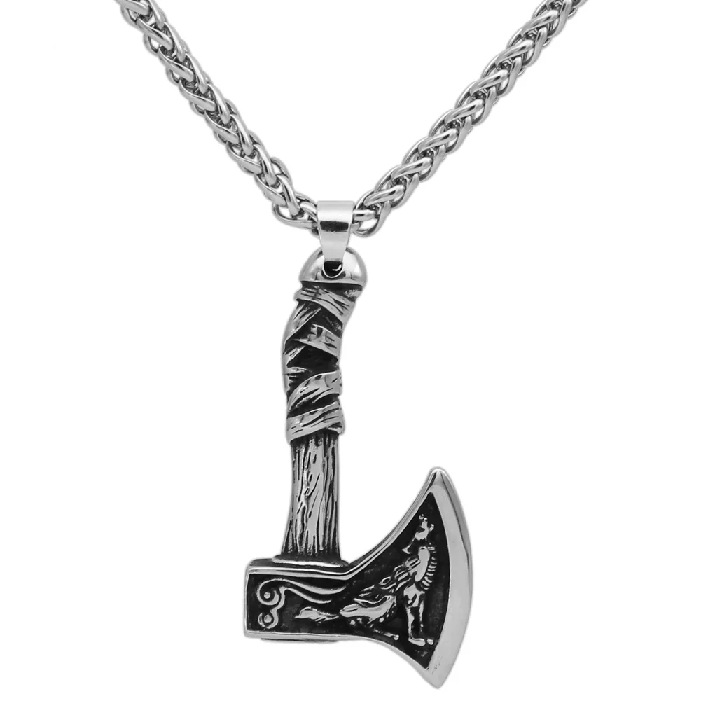 Viking Stainless steel Axe Raven Wolf Necklace Norse Jewelry with valknut gift bag |