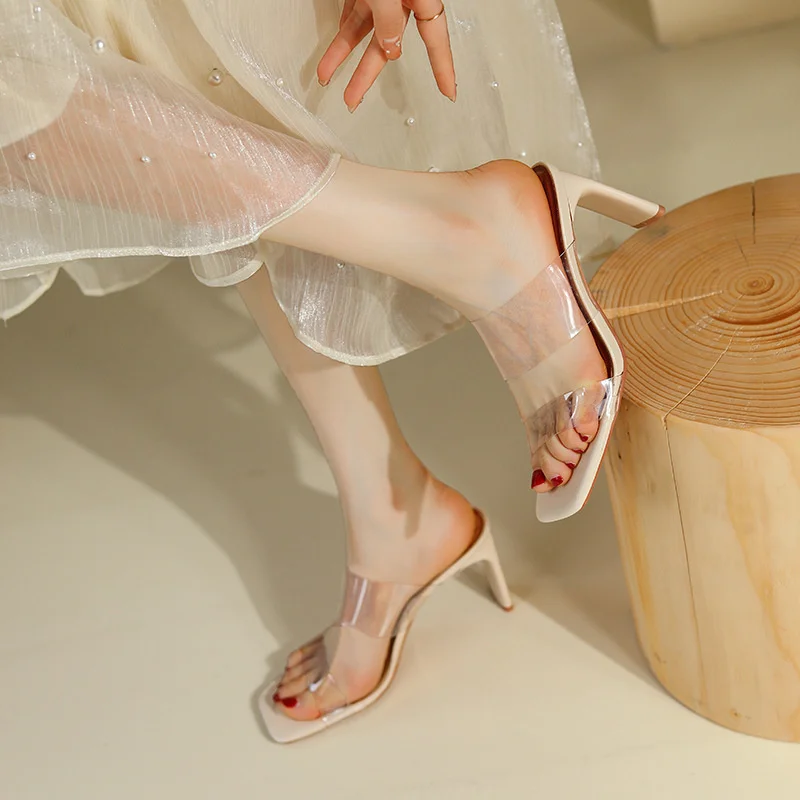 

6743-8 PVC transparent sandals female summer thick heel square head band high-heeled sandals wearing fairy style skirt