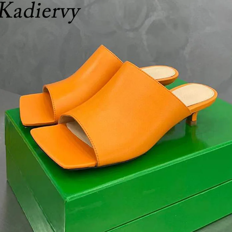 

Fashion Kitten Heels Slippers Women Genuine Leather Slides Square Peep Toe Summer Shoes Woman High Heels Slippers Woman