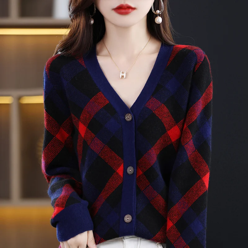 

Кашемировый свитер, женская одежда, кардиган с V-образным вырезом, осень/зима, новый клетчатый топ с прострочкой, 100% мериносовая шерсть, Повседневная вязаная куртка