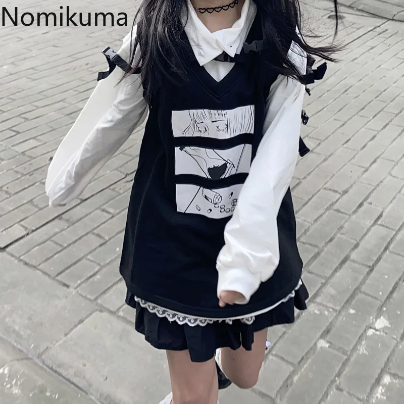 

Кофта Nomikuma женская с мультяшным принтом, свободная толстовка из 2 предметов в японском стиле, милый Модный повседневный свитшот в стиле Хара...