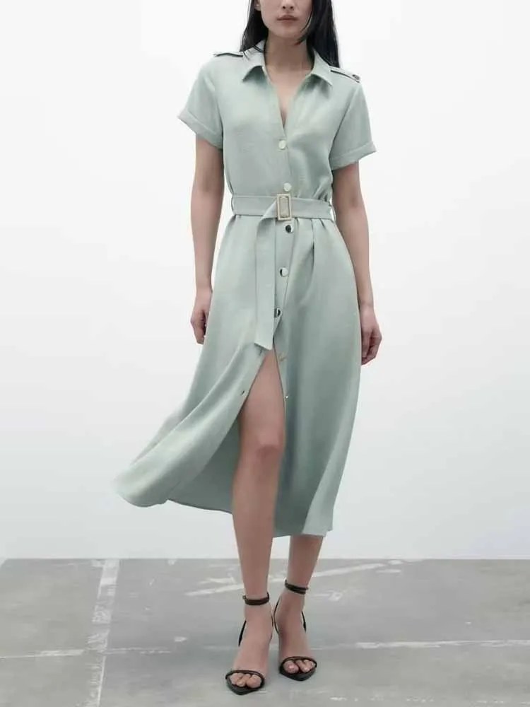 

Женское летнее платье-рубашка средней длины, универсальное Повседневное платье с отложным воротником и поясом в уличном стиле