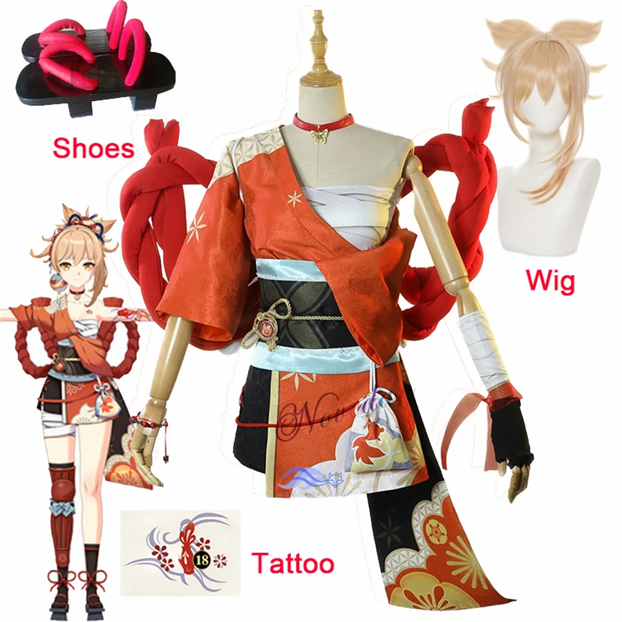 

Genshin Impact Naganohara Yoimiya Cosplay Costume Wig Anime Game Genshin Cosplay Kimono Dress For Women