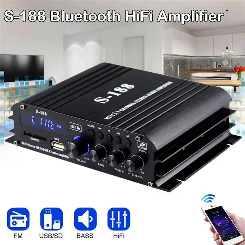 

S-188 Bluetooth Stereo HiFi Amplifier 2.1 Channel Audio Power Amplifier Bass Treble Control 40W×2+60W Amp Audio Amplificador