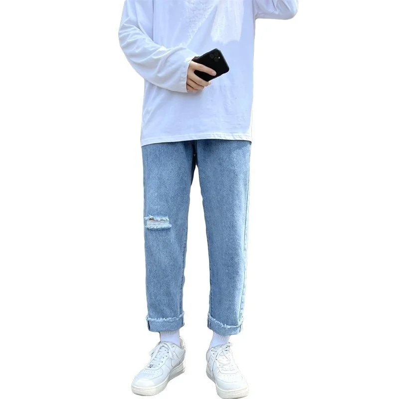 Summer Blue/Black Ripped Jeans Men Slim Fashion Casual Straight Jeans Men Streetwear Hole Denim Trousers Mens Pants 27-36