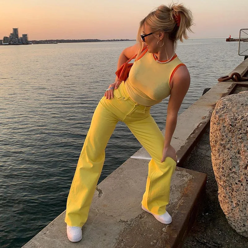 High Waist Color Jeans Y2K Suit 2022 Style Ladies Retro Drape Straight Street Wide-leg Patchwork Summer Yellow Jeans for Women