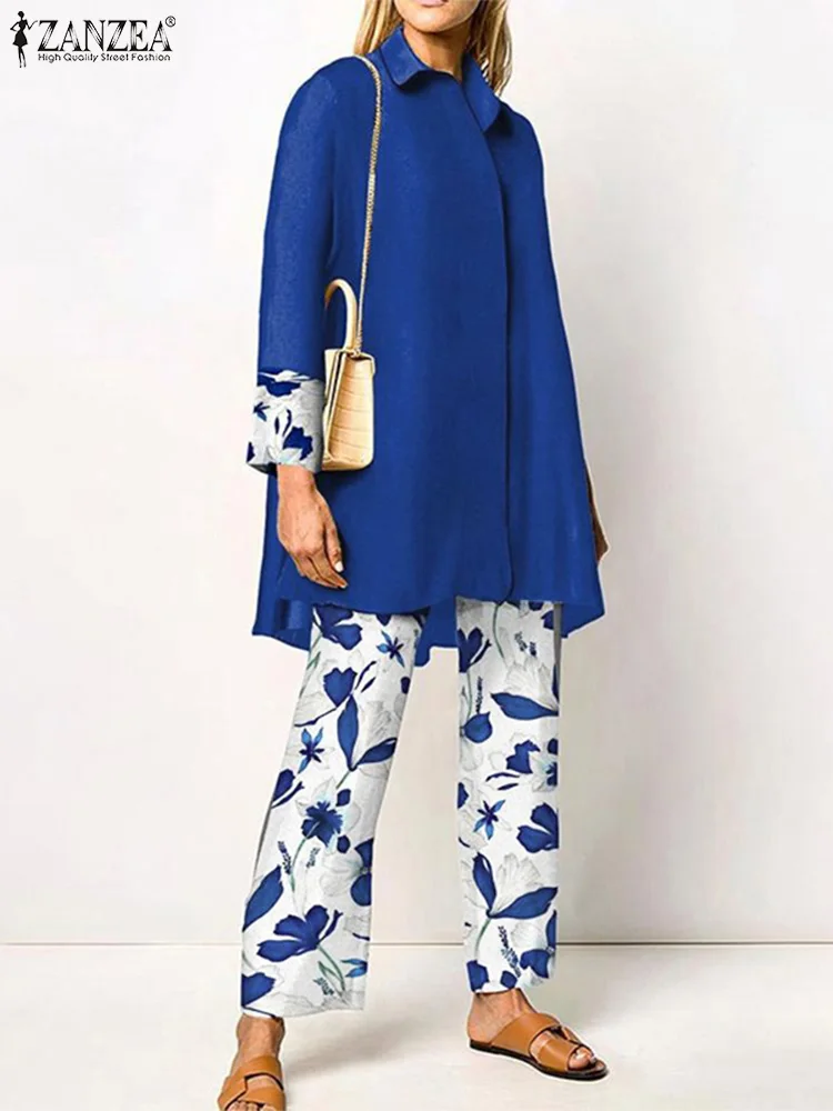 

ZANZEA Casual Lapel 3/4 Sleeve Long Shirt Outfits Fashion Top and Pant 2pcs Pant Sets Women Vacation Printing Trouser Tracksuits