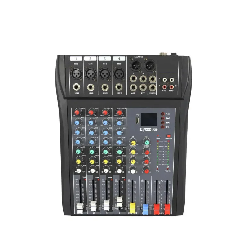 Фото 4-канальный аудиомикшер с USB, Bluetooth, 99 DSP-эффектами, фантомным питанием 48В для диджеев, домашнего караоке, студийной записи. Новинка. №1