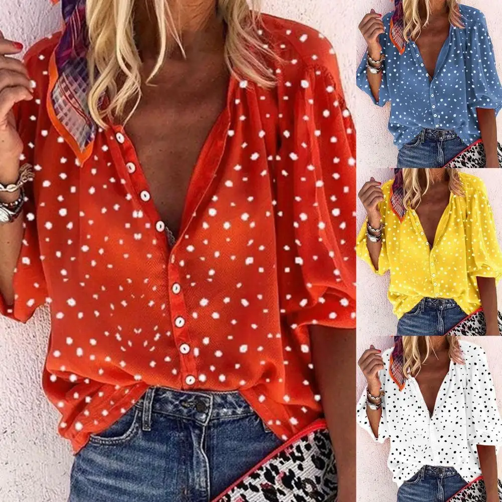 

Spring Autumn Stylish Loose-fitting Single Breasted Shirt Elegant Women Top Dot Print for Dating