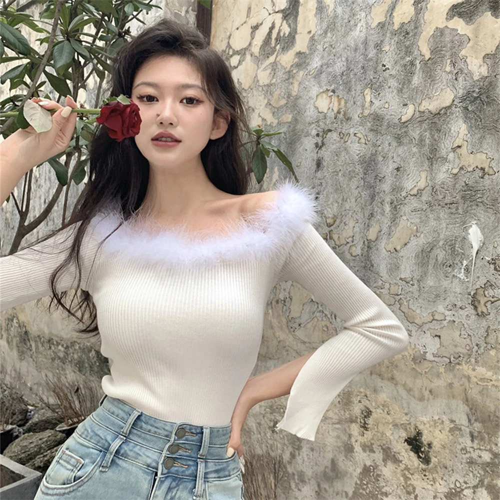 Женский сексуальный свитер с открытыми плечами пушистые меховые свитера вырезом