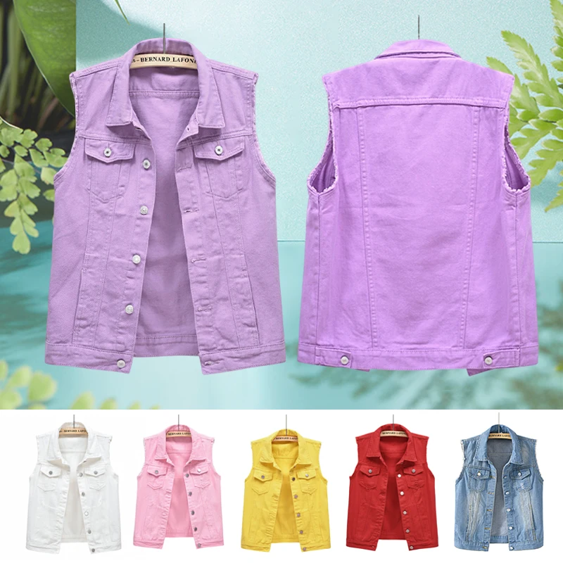 

Women Candy Color Denim Vest Ladies Korean Version Spring Summer Short Sleeveless Raw Edge Lapel Cardigan Vest Jacket Top