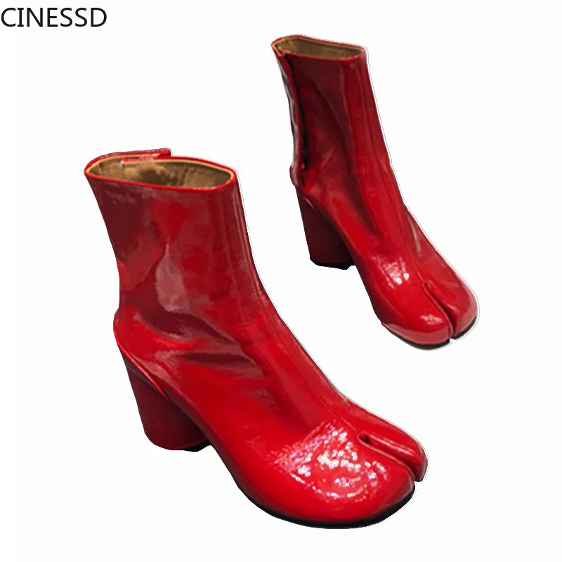 

Women Split Toe Genuine Leather Boots Hook and Loop Closure Type Ankle Boot Ninja Tabi Boots Round High Heels Pig Feet Shoes