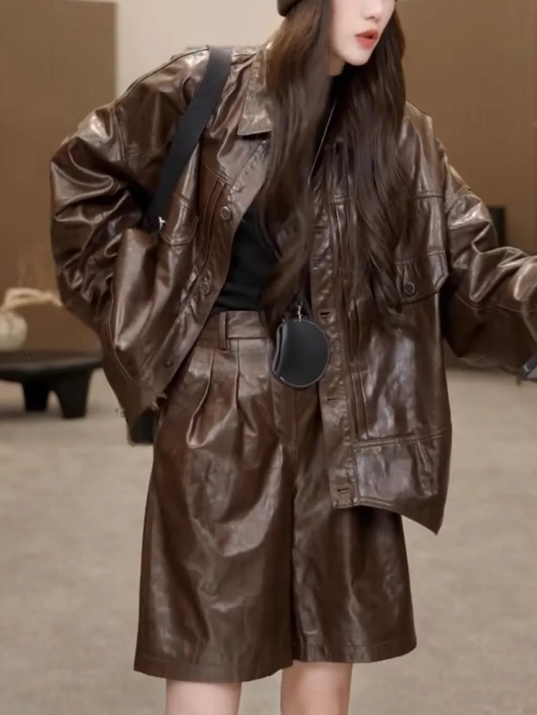 2024 новое однотонное пальто из натуральной кожи верхняя одежда мотоциклетный