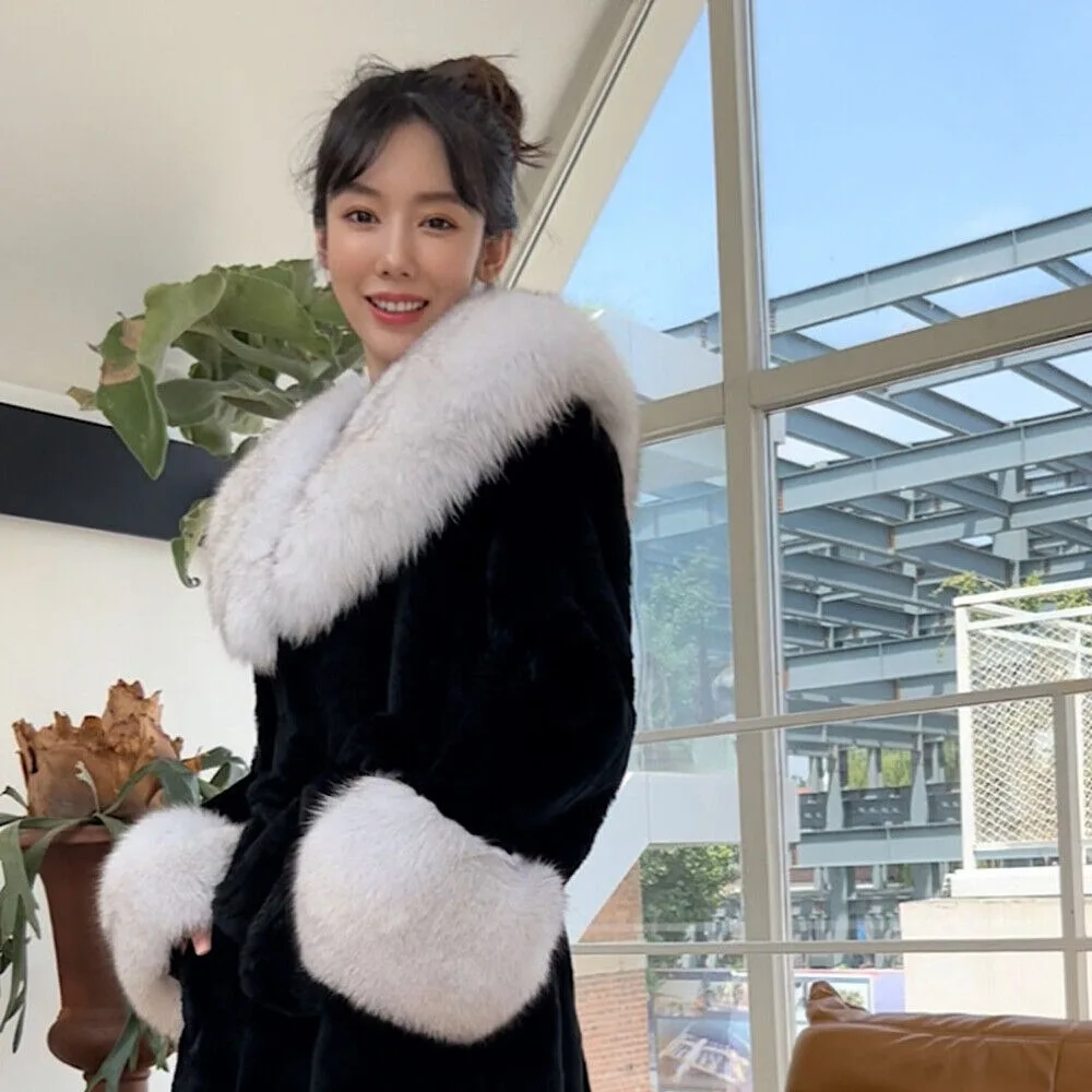 Женская куртка из натурального меха кролика рекс пальто шиншиллы шаль с лисьим
