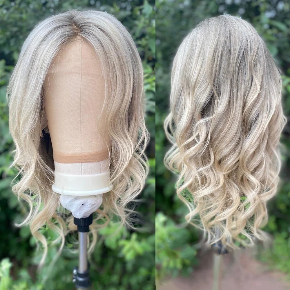 

Light Ash Platinum Blonde Balayage Highlight Wig 100% Human Hair Full Lace Wig Swiss HD 13x4 Lace Front Glueless Wig 200% Wavy