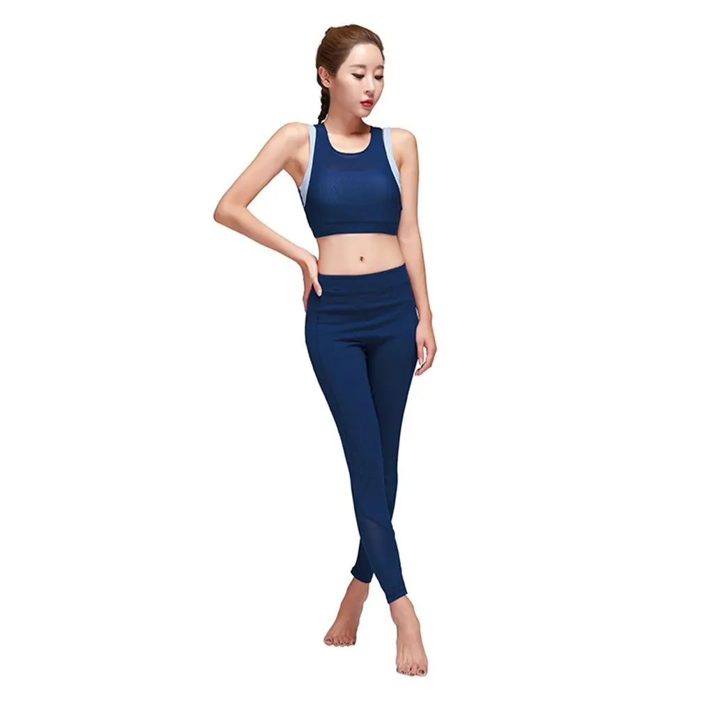 

Women Yoga Set Bra Pants Elastic Fitness Clothing Sport Clothes Push Up Bra Cross Shoulder StrapSky blue+Dark blue(Dark blue)