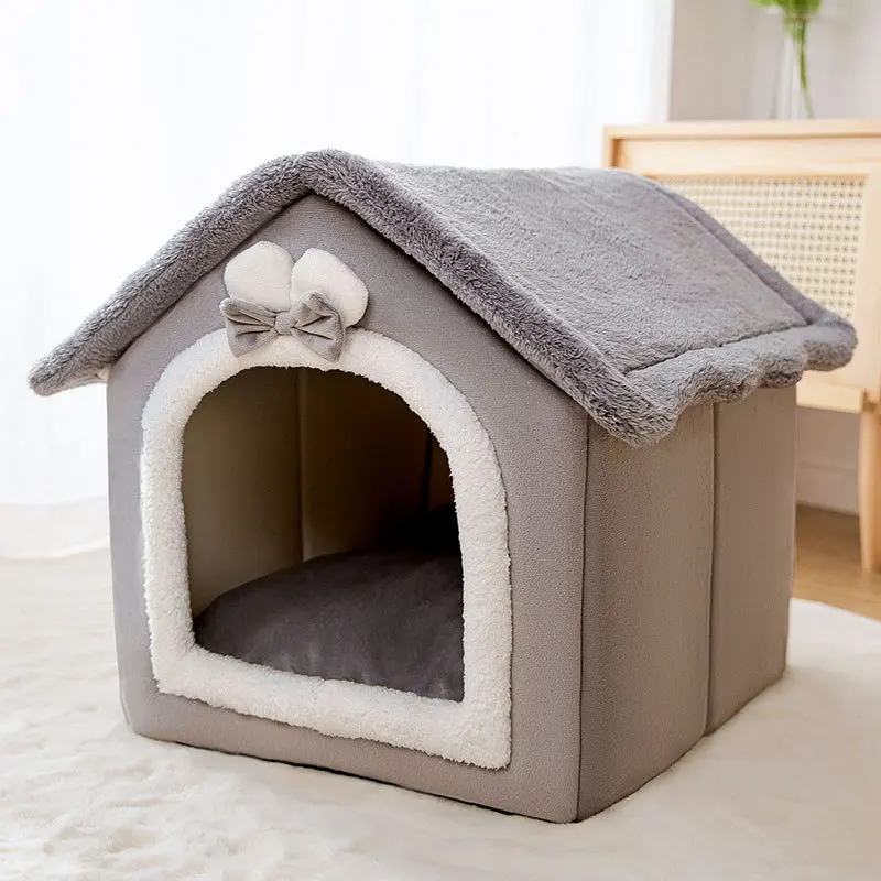 

Dog Bed Warm House Grey Kennel Cat Tent Sleeping Cave Bed Self-Warming Cushion 2 In 1 Foldable Nest for Indoor Cats Kitten Puppy