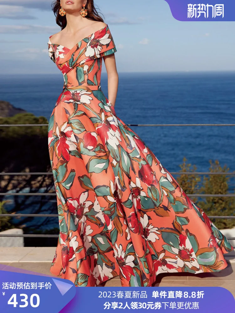 

2023 Summer New Print Waist Wrapped to Show Thin Temperament Goddess Style Dress Long Dress Girl