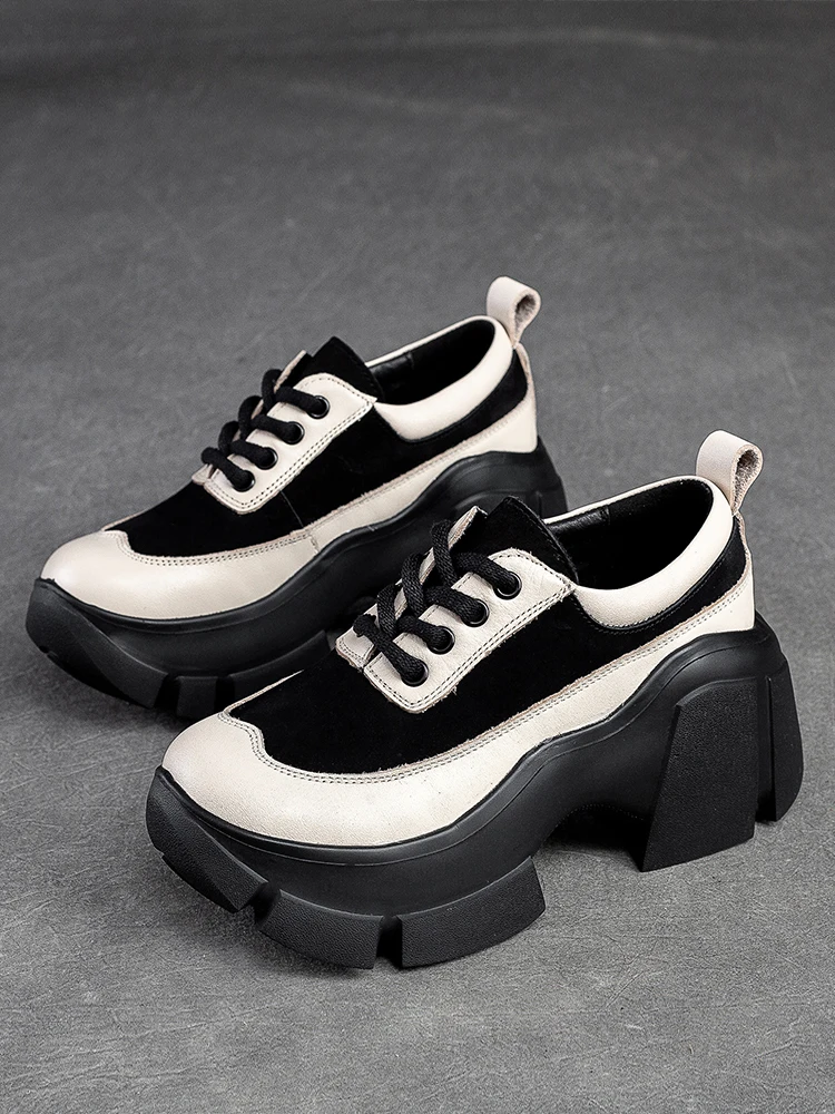 Beffery Women's Chunky Sneakers Genuine Leather Flats Platform Shoes Handmade Round Toe And Lace-up Low-top Sneakers