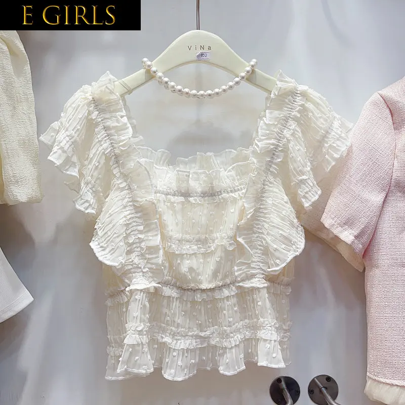 

E GIRLS French Temperament Square Collar Blusa for Women Flocking Ruffled Waist Chiffon Tops 2023 Summer All-match Slim Shirts B