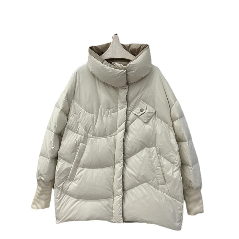 Women's White Duck Down Jacket New  Stand Collar Loose Cocoon Jacket 2022 Winter Long Sleeve Solid Color Casual Clothes H107