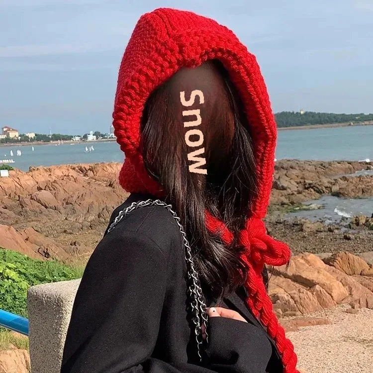 Красный шарф-бочонок женская осенне-зимняя теплая утолщенная вязаная шапка с