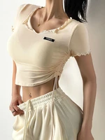 houzhou beige drawstring sports tshirts women tight yoga shirts short sleeve cropped sexy top fitness running workout sportswear