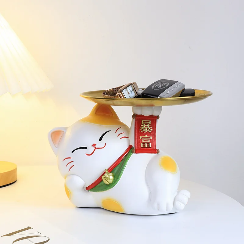 

Resin Lucky Cat Ornament Entryway Storage Tray Key Holder Organizer Candy Box Stainless Steel Salver