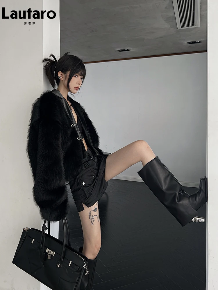 Lautaro зимнее крутое короткое черное пальто из искусственной кожи с пэчворком