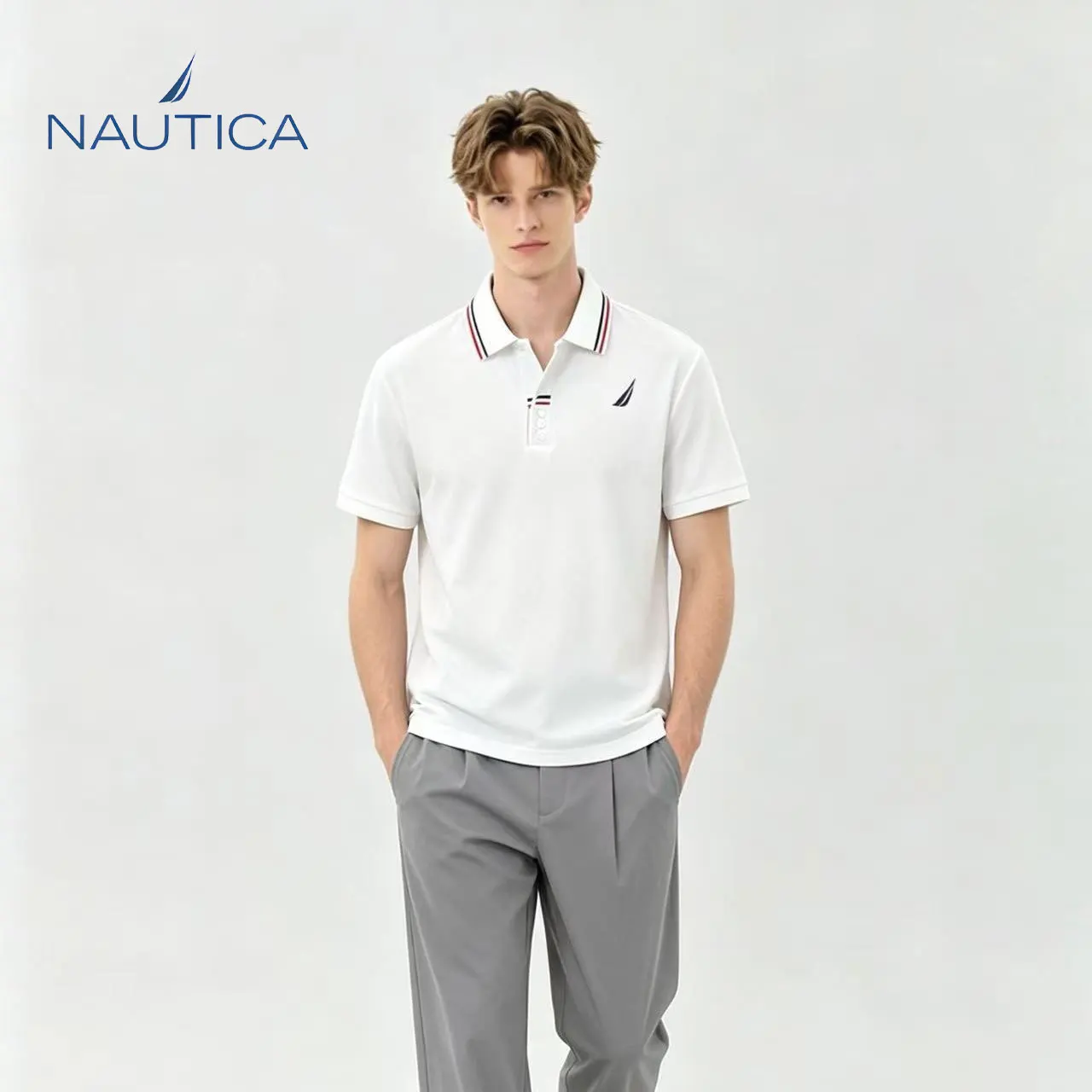 Фото Мужская футболка-поло Nautica White Sail с принтом и полосатым воротником, летняя, модная, для бизнеса и повседневной носки, с коротким рукавом, для велоспорта и мотоциклов