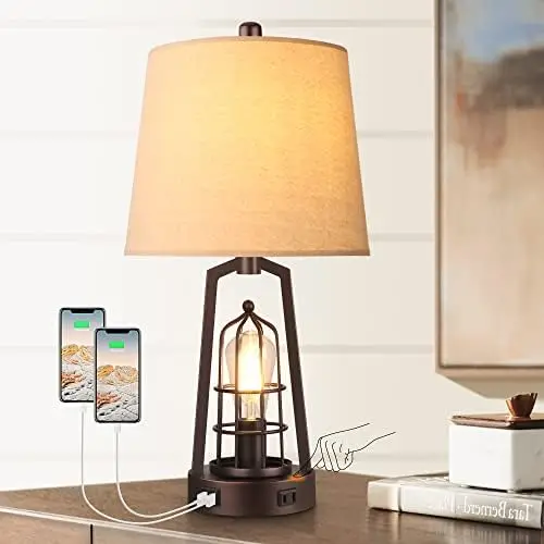 

Table/ Desk Lamps with USB Ports, 3-Way Dimmable Bedside Rustic Industrial Touch Nightstand Lamp with AC Outlet for Bedroom Livi
