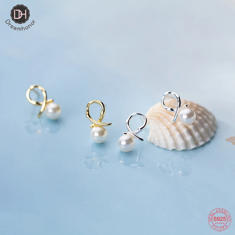 

Dreamhonor New Pearl Earrings 925 Sterling Silver Hollow Geometry Synthetic Pearl Stud Earring For Women Gift Jewelry SMT710