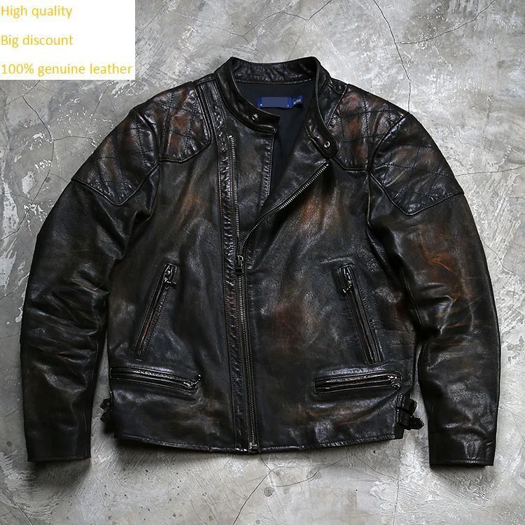 

genuine luxury 100% Retro RRL stand collar inclined zipper for men, hand brushed, old oil wax leather jacket high quality