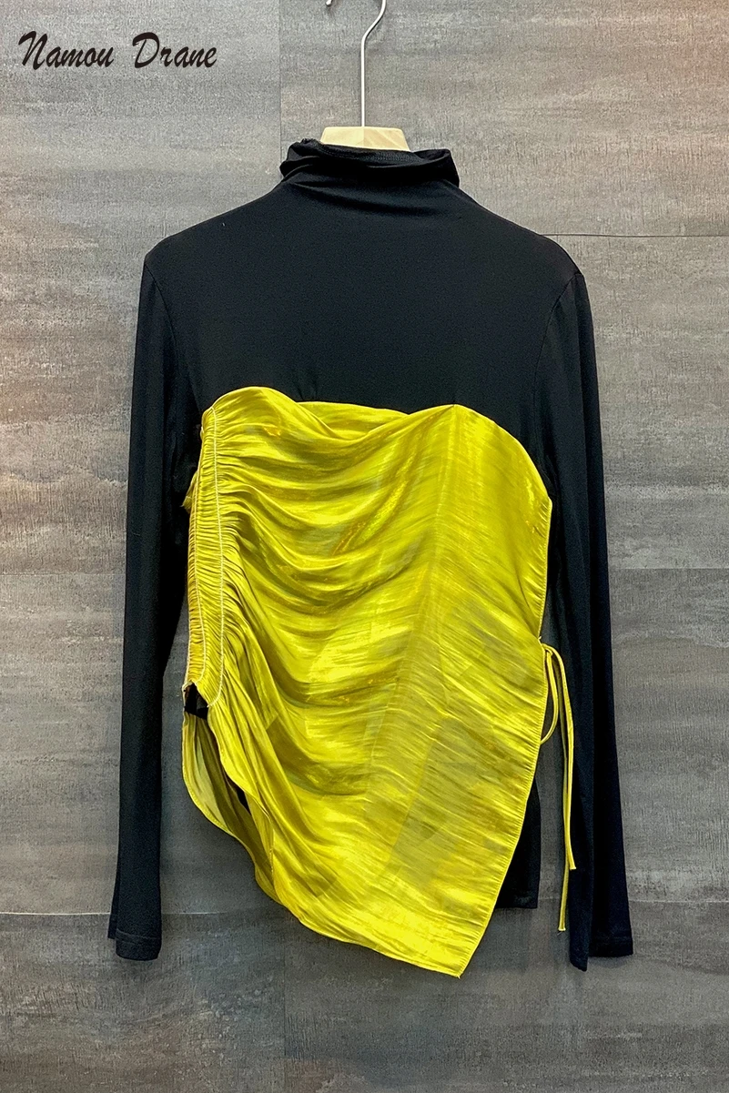 

Namou Drane Turtleneck Hit Color Patchwork Graphic Tees Women Korean Fake Two Pieces Draw String Slim T Shirt 2021 New
