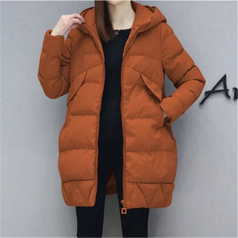 Women Leisure Style Jackets with Pocket Hooded Warm Coats Fashion Long Parkas Winter Down Cotton Jacket Coat Lady Solid Overcoat