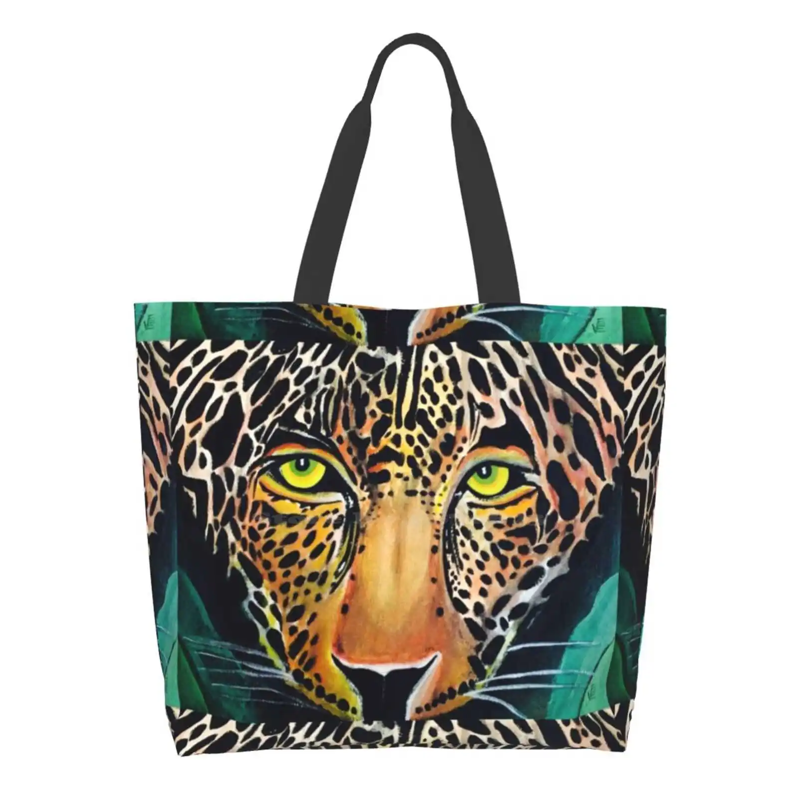

Jaguar Mask Large Size Reusable Foldable Shopping Bag Mayan Portrait Close Up Animal Close Up Pyramids Big Cat