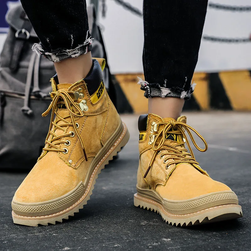 R.XJIAN Men's Leather Martin Boots Workwear Outdoor Walking Anti Slip Wear Resistant High Top Casual Hiking Shoes